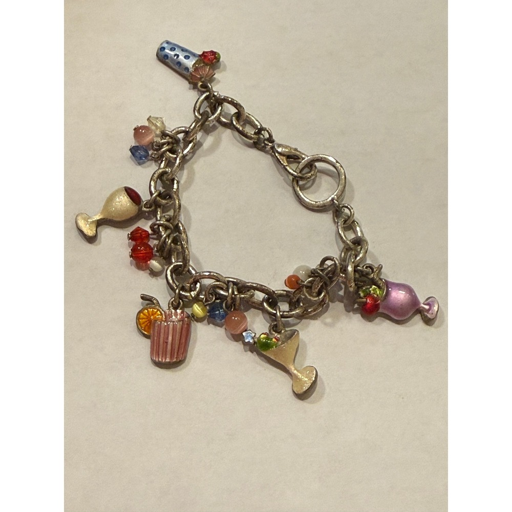 Silver Tone Cocktail Drink Charm Bracelet Wine Martini Soda Happy Hour Theme